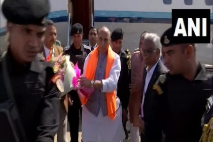 Defence Minister Rajnath Singh arrives to attend Aero India 2023