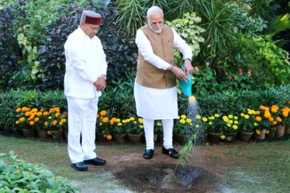 Prime Minister Narendra Modi plants sandalwood sapling at Raj Bhavan